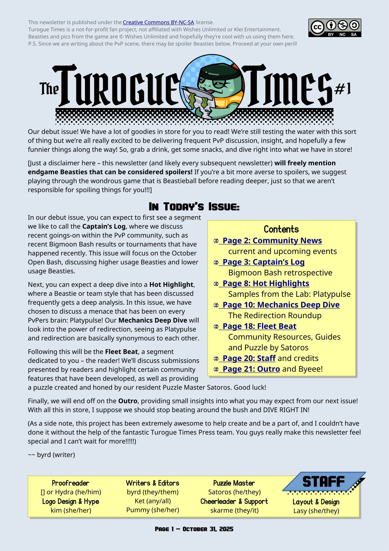 Page 1 of the Turogue Times, a Beastieball newsletter. This page contains an intro and contents table. For a more screen reader friendly format, please see the PDF download above.